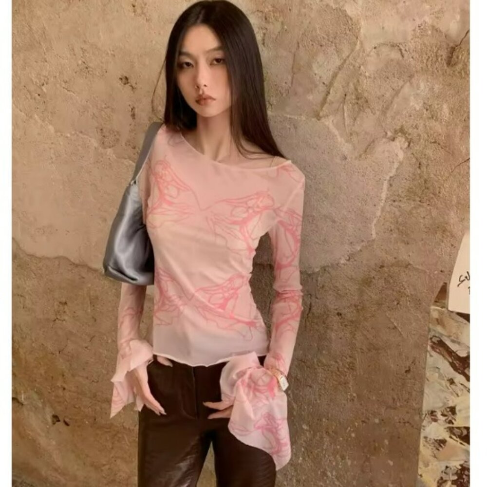 NWT Y2K Dazy Sheer Long Sleeve Top with Ruffle Wrist M Pink